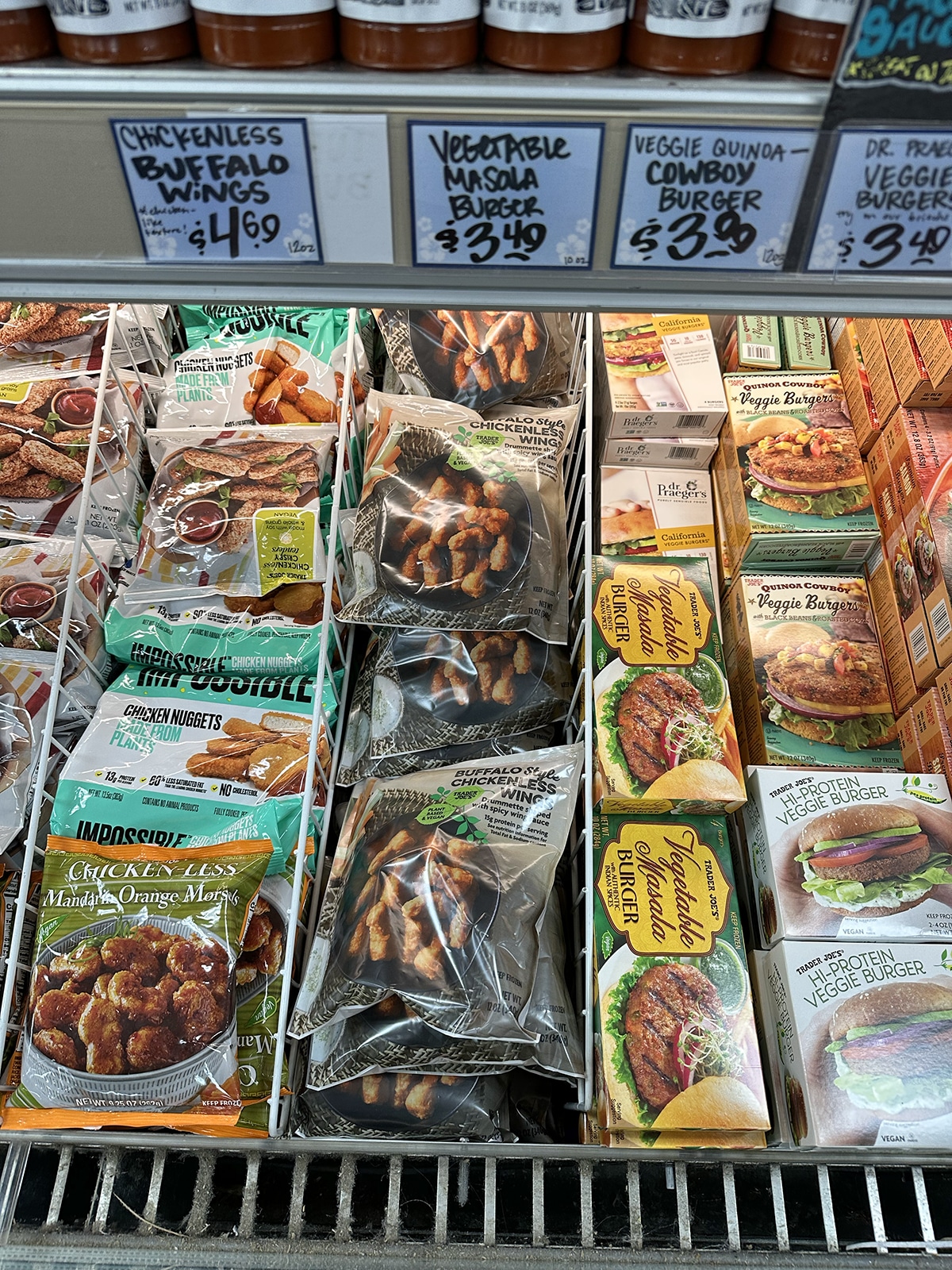Buffalo chickenless wings in freezer case at Trader Joe's.