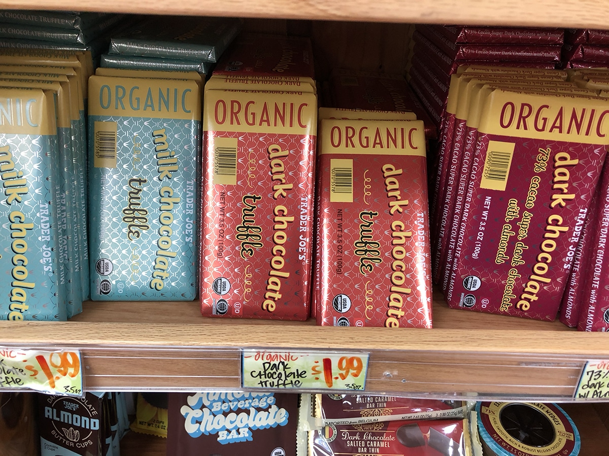 Bars of dark chocolate truffle at Trader Joe's.