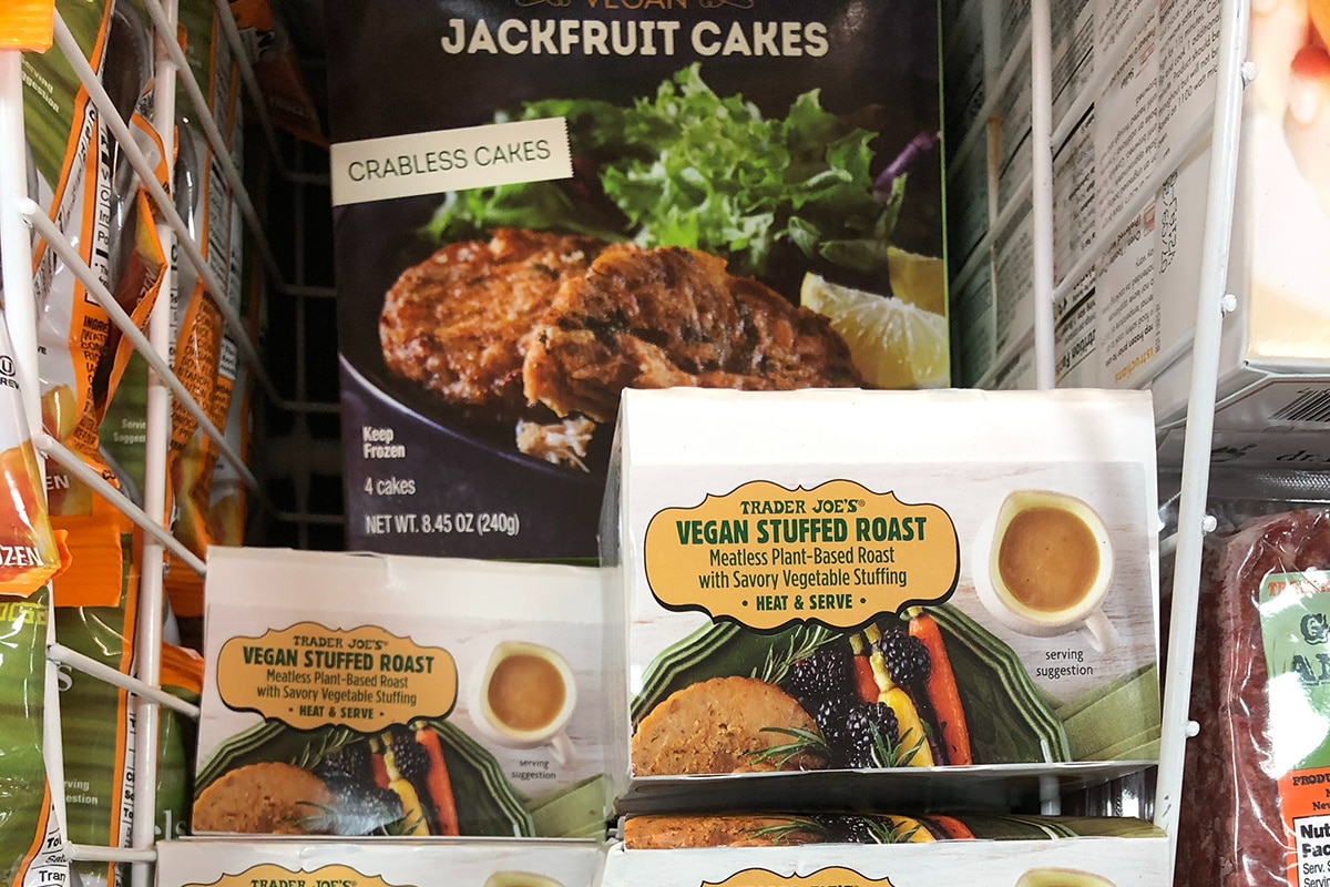 Jackfruit crabless cakes in frozen section of Trader Joe's.