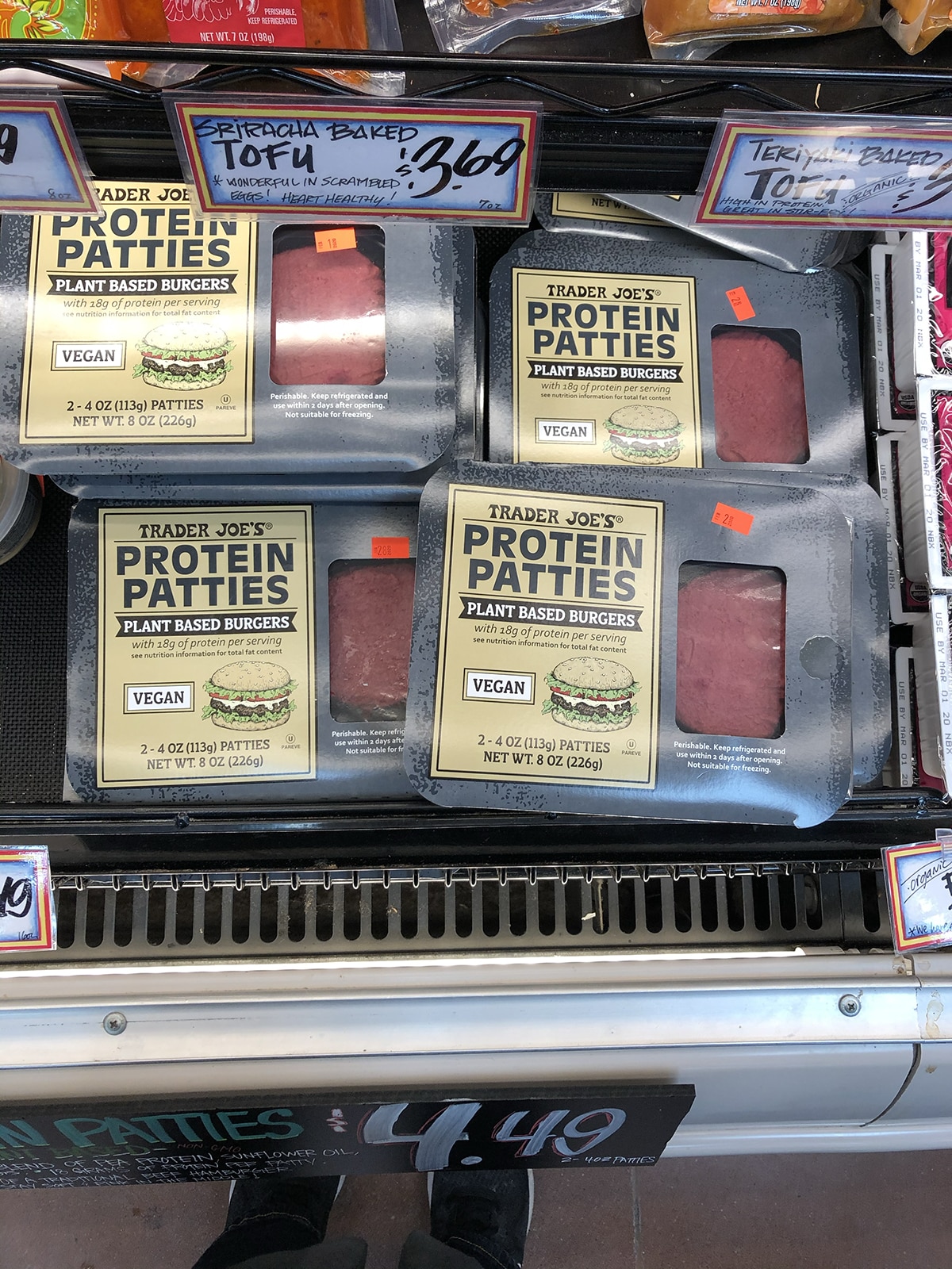 Trader Joe's protein patties in refrigerated case.