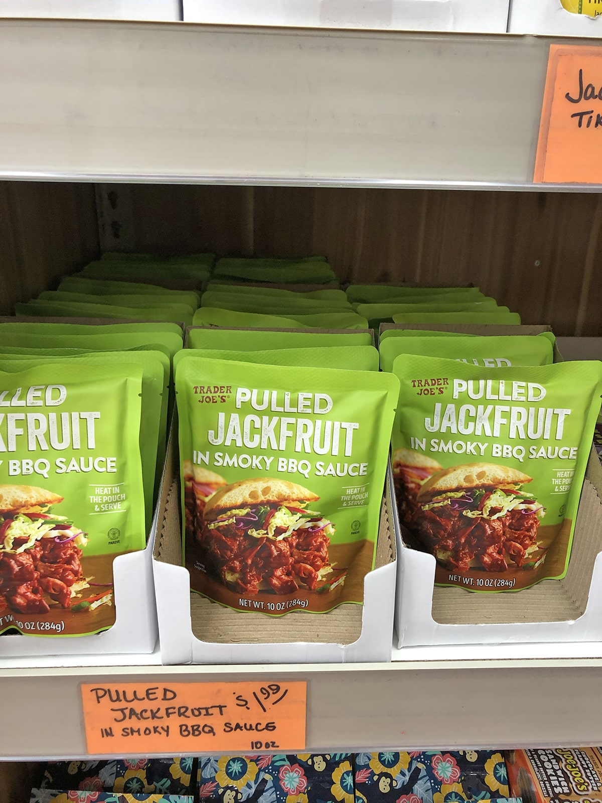 Shelf stable packages of pulled jackfruit in smoky BBQ sauce at Trader Joe's.