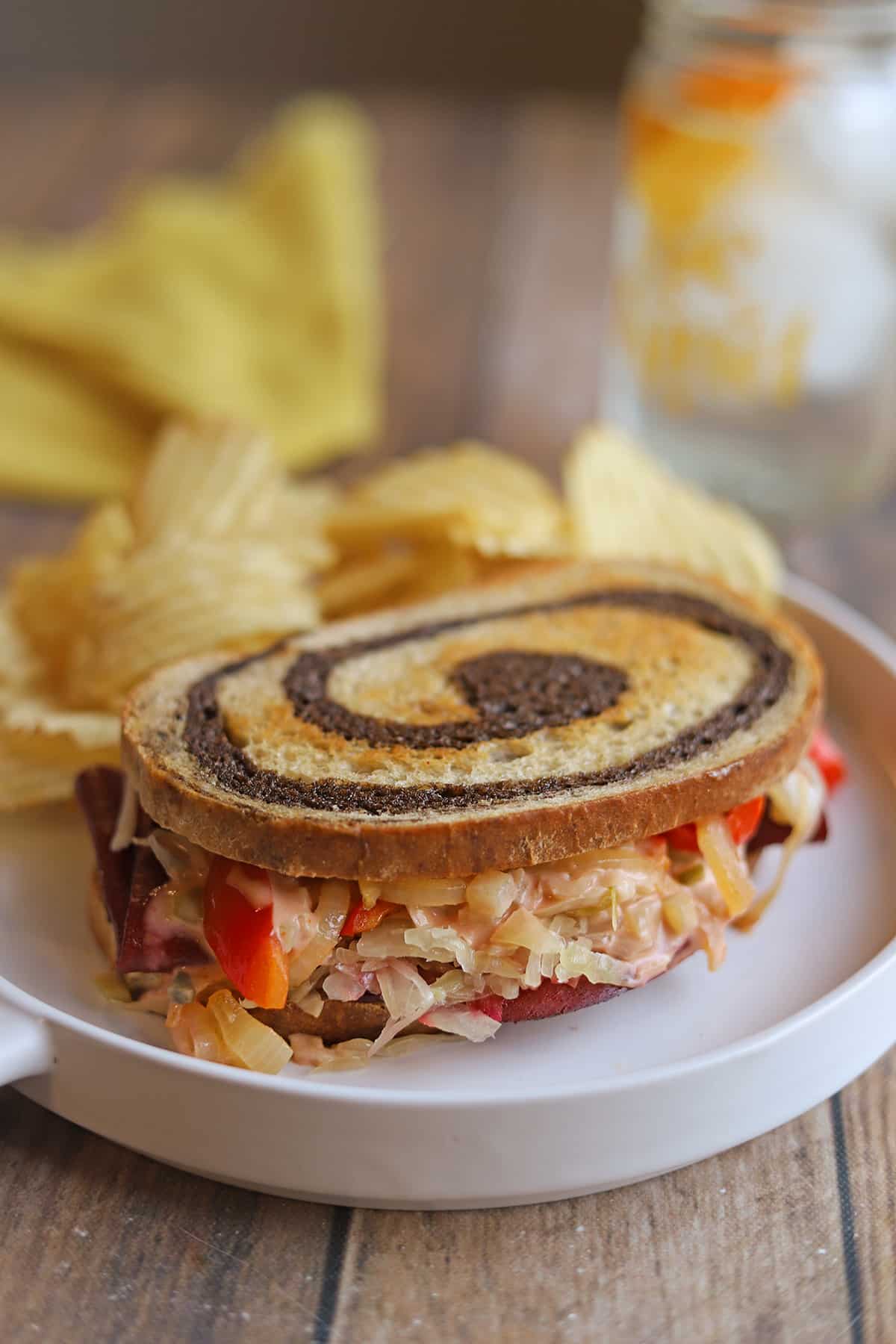 Chicago Diner's radical reuben sandwich with seitan on marble rye.