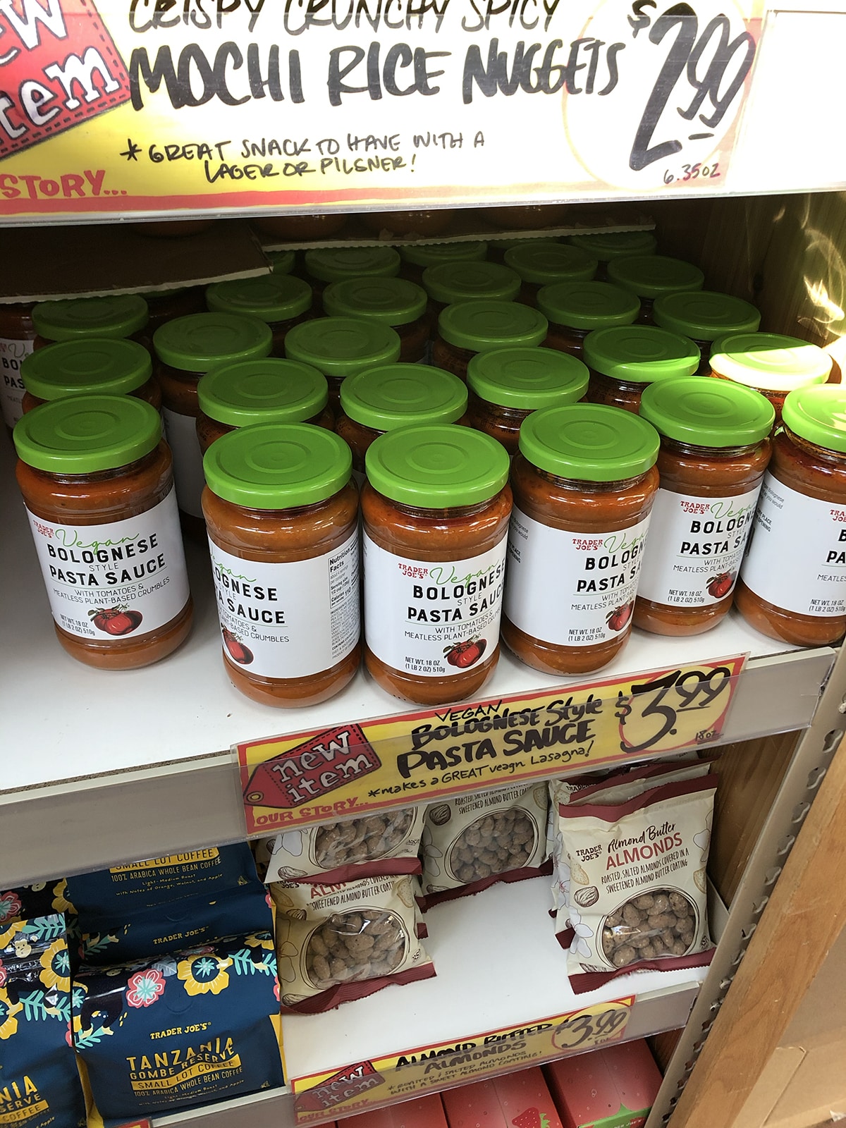 Vegan bolognese pasta sauce at Trader Joe's on display.