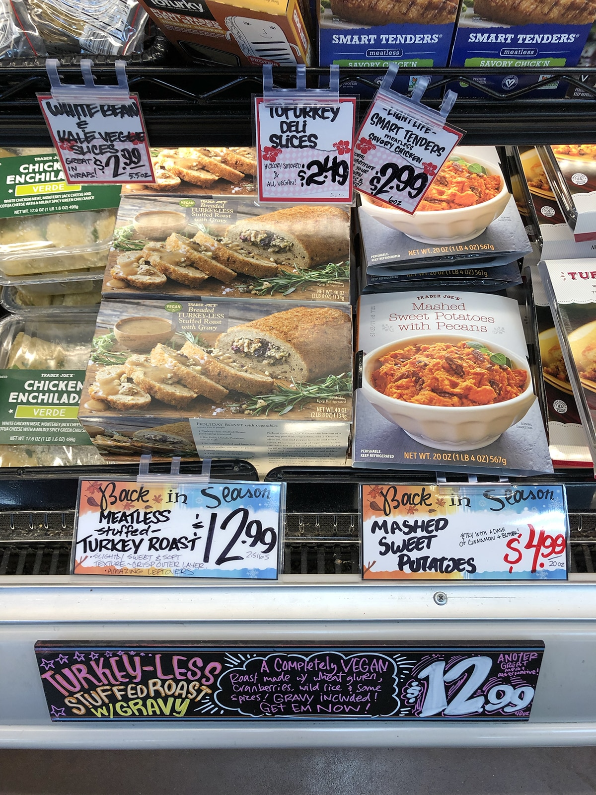 Meatless stuffed turkey roast in display case at Trader Joe's.