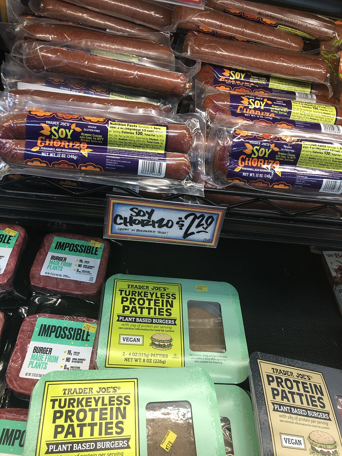 Turkeyless protein patties in refrigerated case at Trader Joe's.