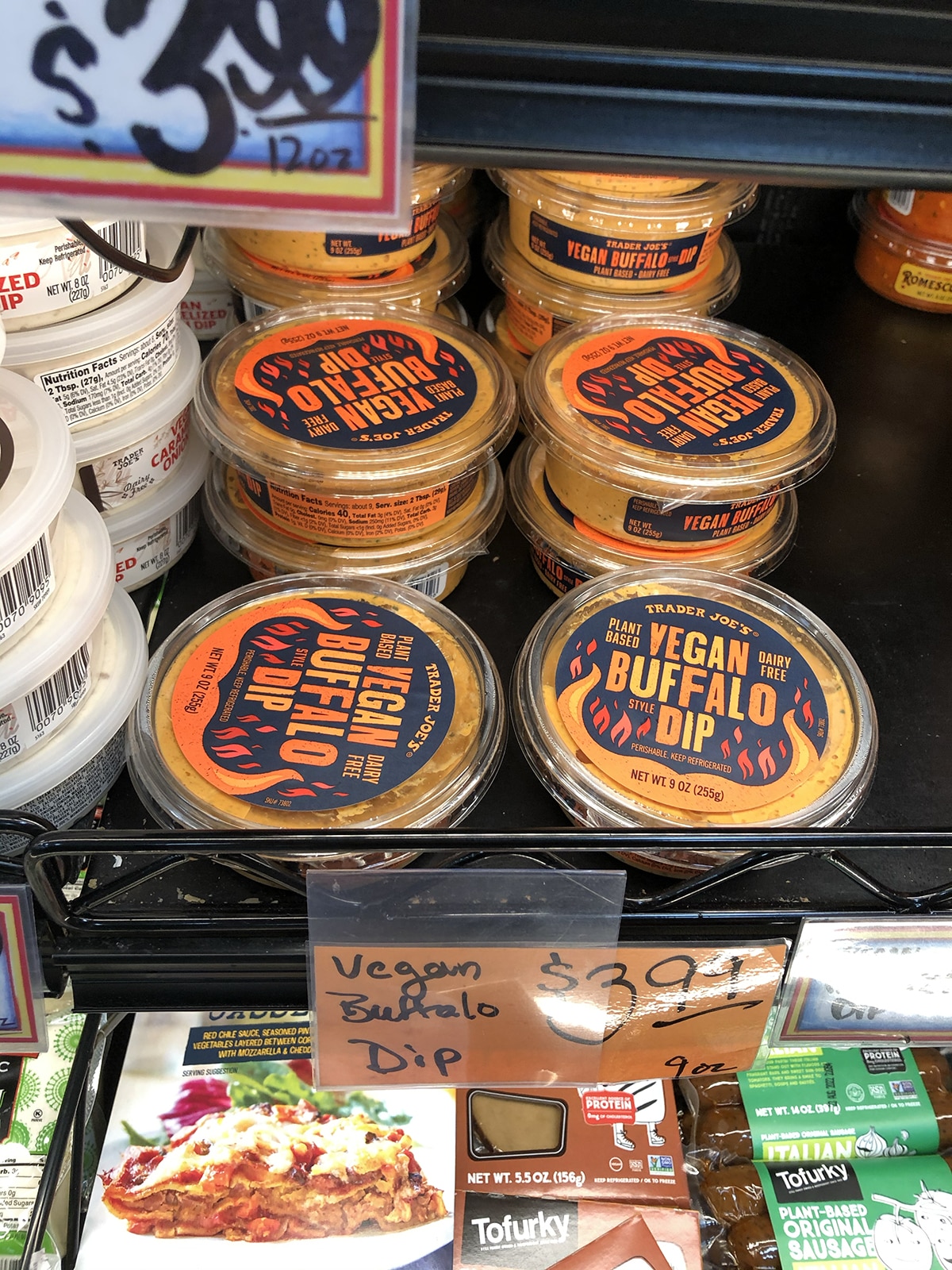 Vegan buffalo dip, discontinued vegan Trader Joe's product, in refrigerated case.