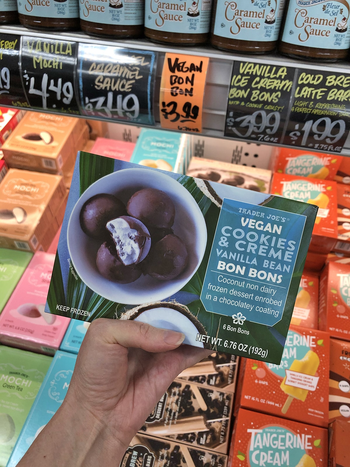 Hand holding vegan cookies and creme vanilla bean bon bons by Trader Joe's freezer case.