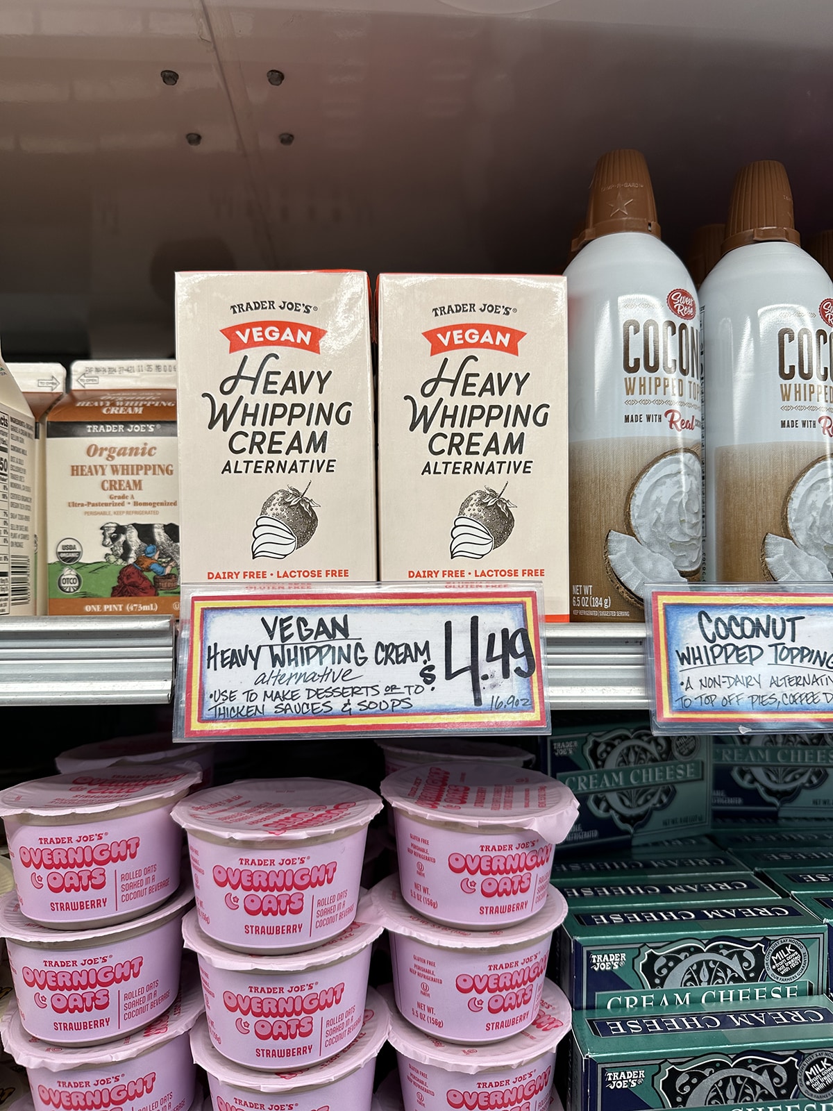 Trader Joe's vegan heavy whipping cream alternative in refrigerated case.