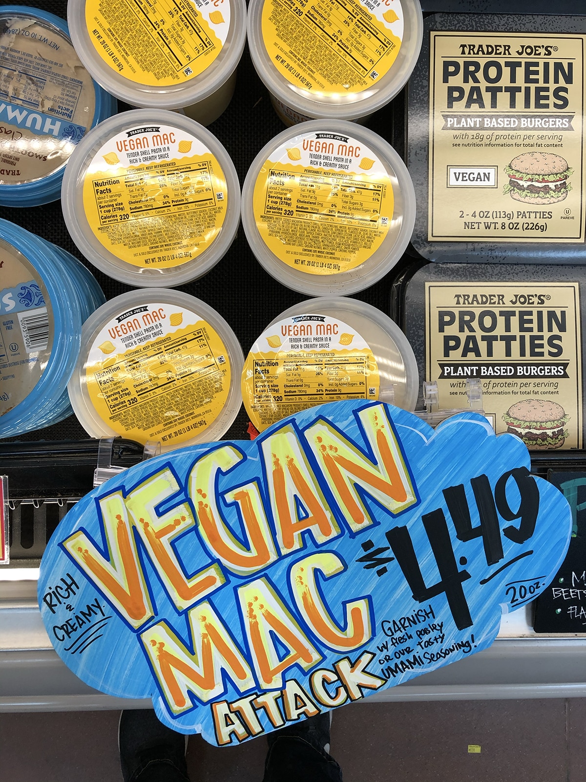 Discontinued vegan products vegan mac and cheese and protein patties at Trader Joe's.