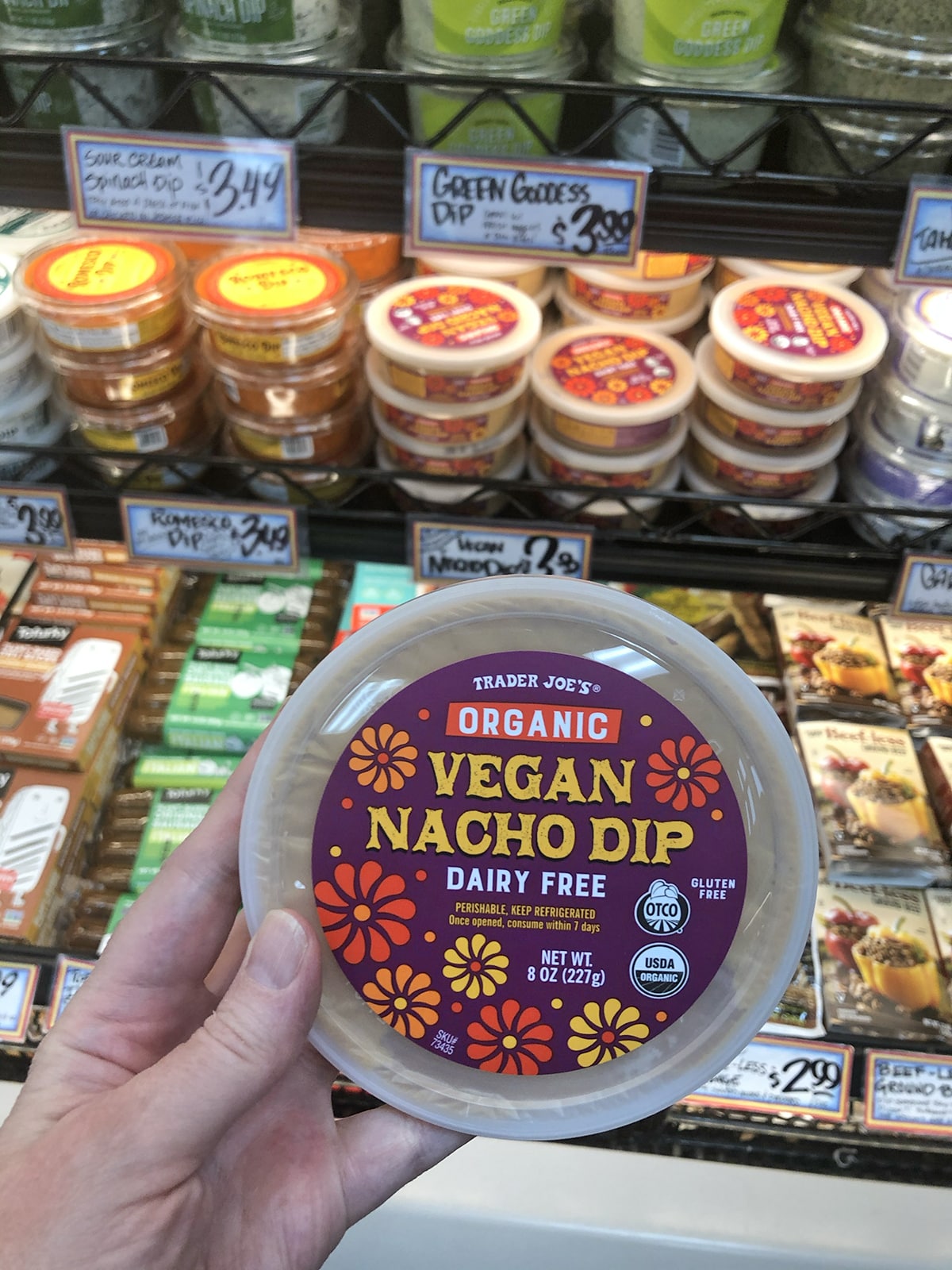 Hand holding organic vegan nacho dip dairy free in Trader Joe's.