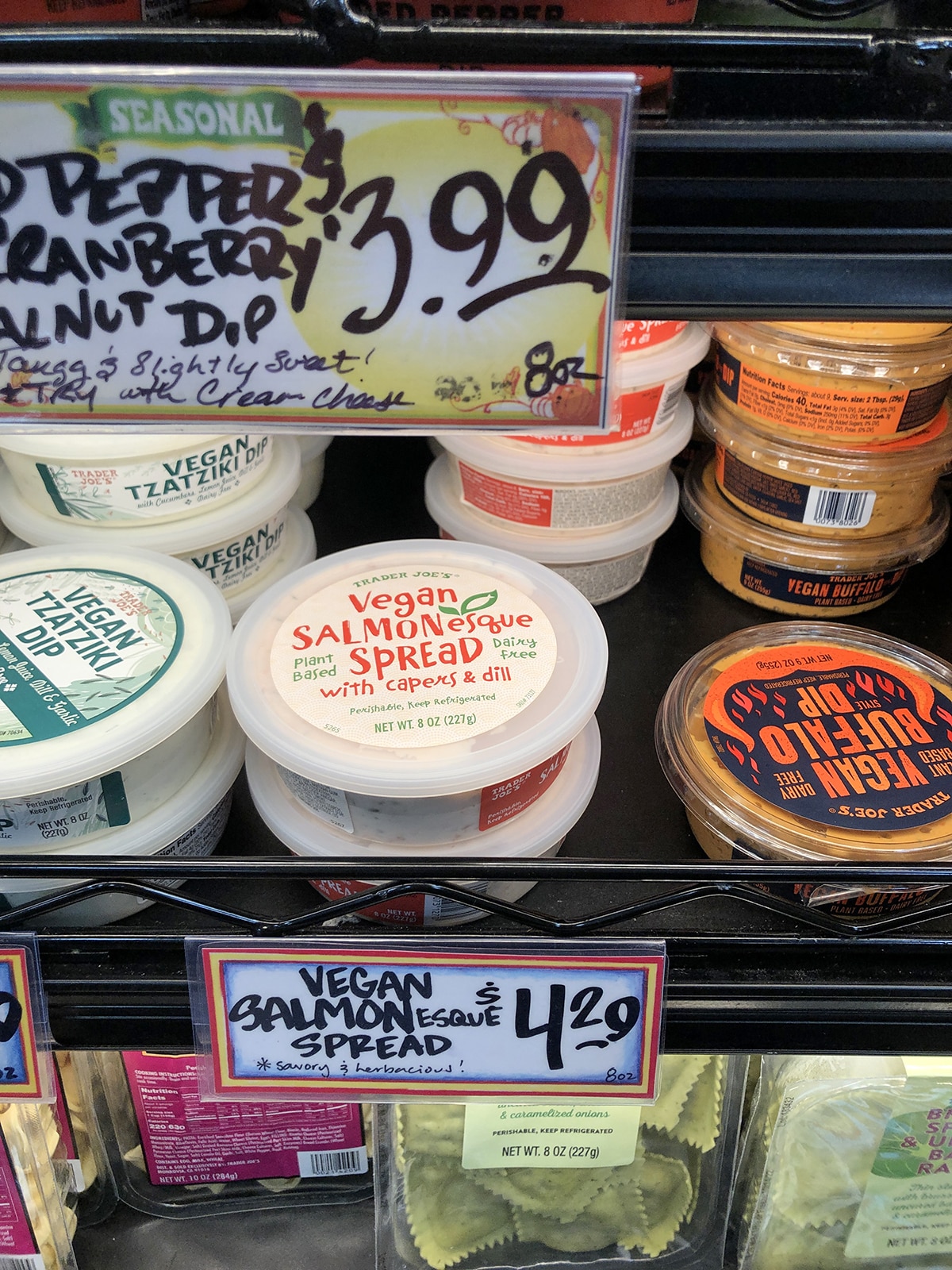 Vegan salmonesque spread with capers and dill in Trader Joe's refrigerated case.