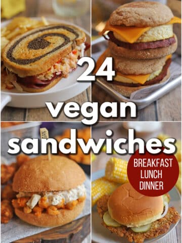 Text overlay: 24 vegan sandwiches. Breakfast, lunch, dinner. 4-panel collage with vegan reuben, vegan breakfast sandwich (egg mcmuffin style), buffalo chickpea salad sandwich, and vegan pork tenderloin.