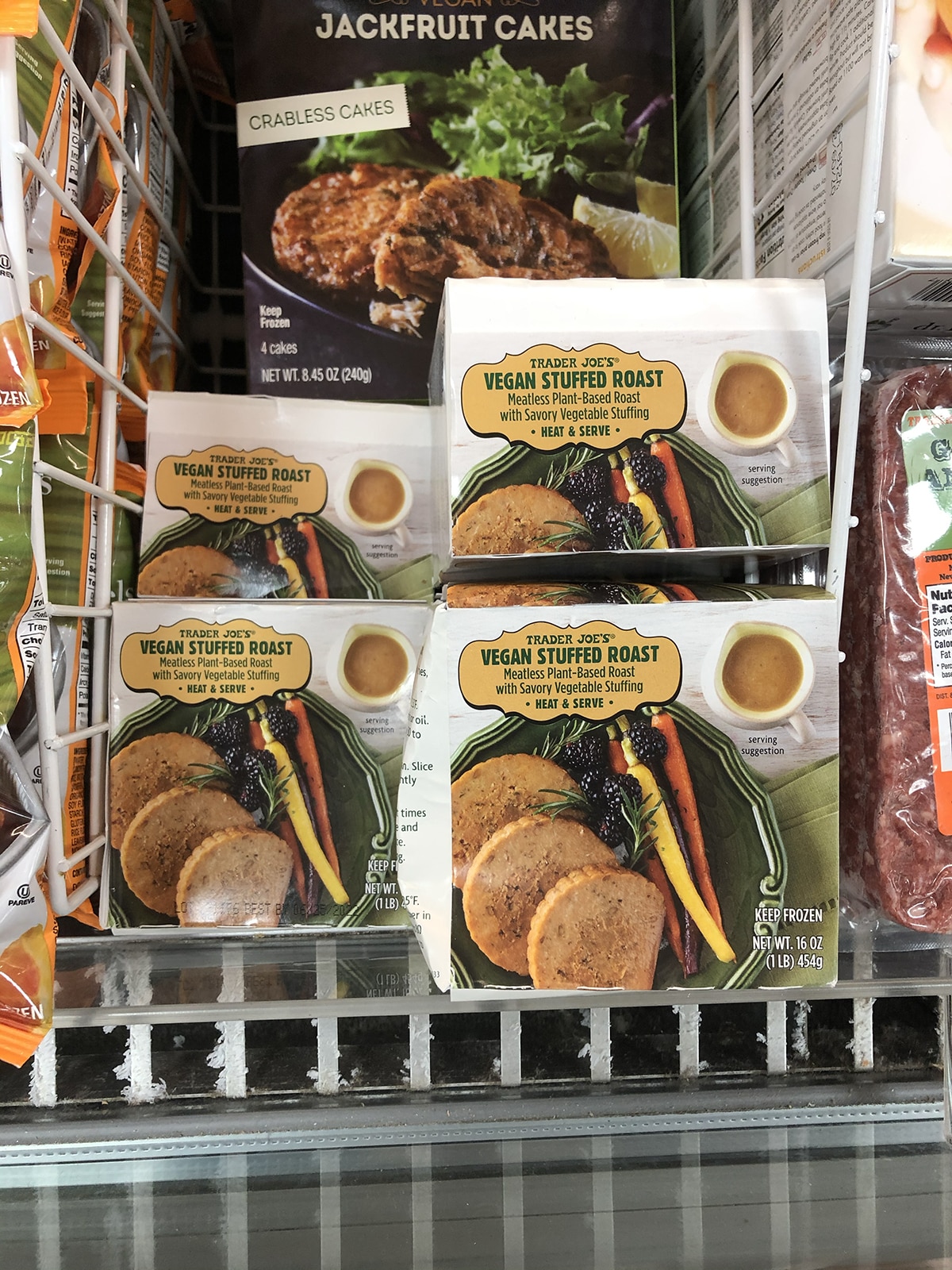 Discontinued vegan product from Trader Joe's, vegan stuffed roast, in freezer by jackfruit cakes (crabless cakes).