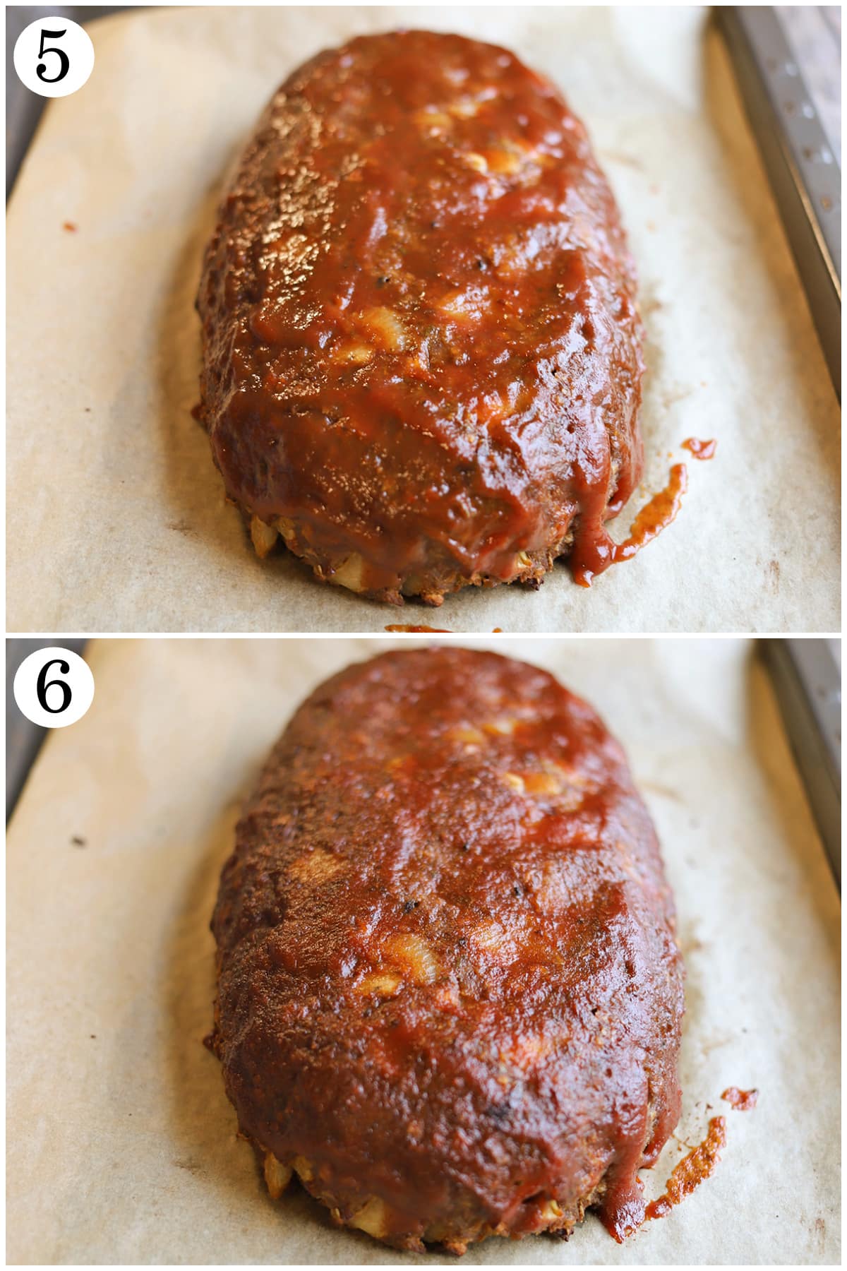 2-panel collage showing how to brush on ketchup glaze, and bake until golden.
