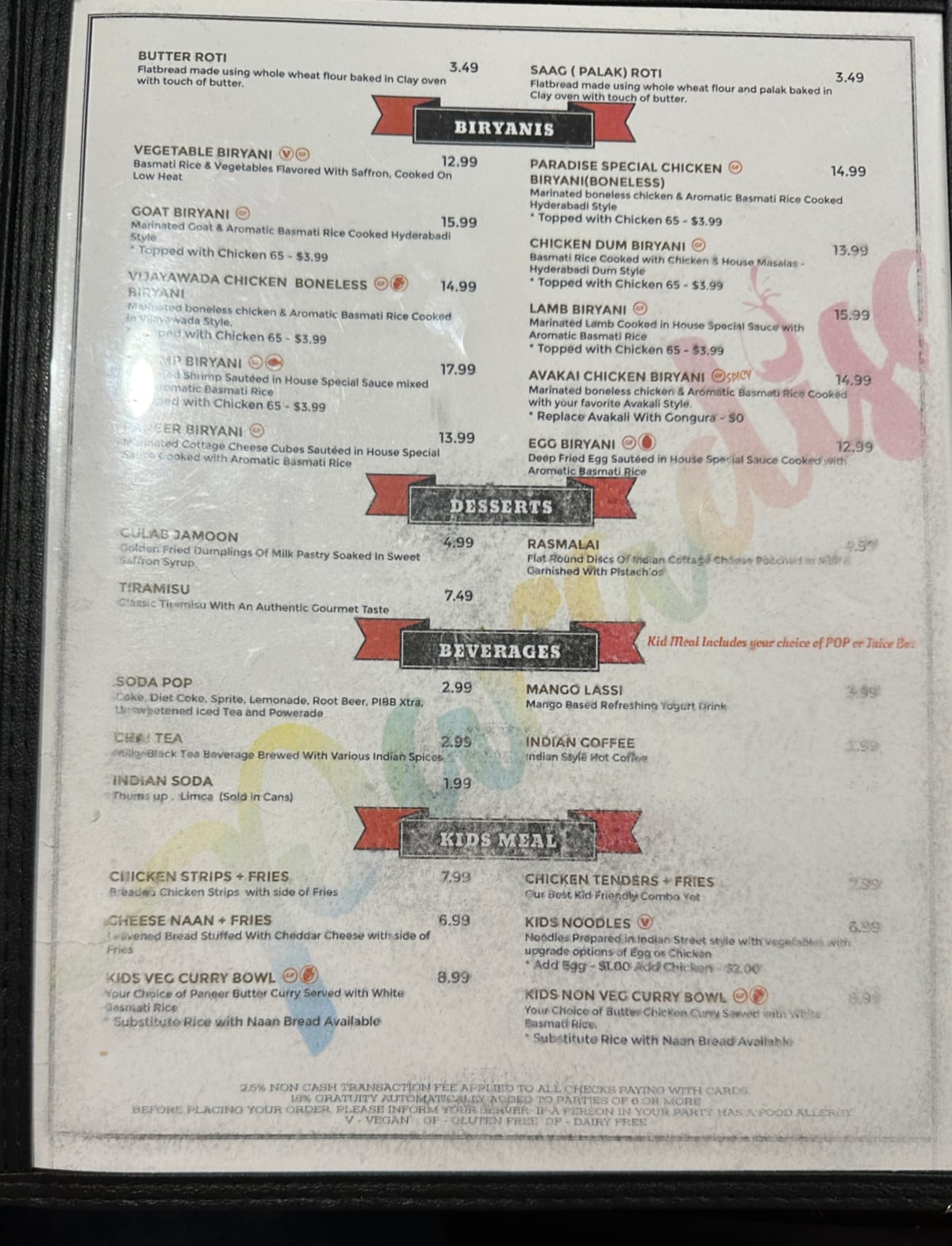 Paradise Indian menu with biryanis, desserts, beverages, and kids meal.