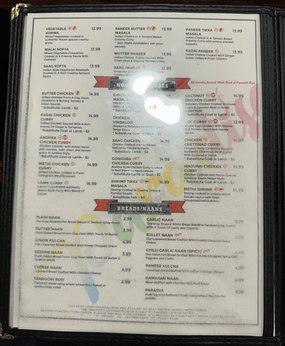 Paradise Indian menu with non-veg entrees, and breads/naans.
