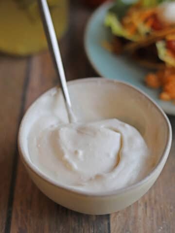 Light and airy vegan sour cream in bowl.