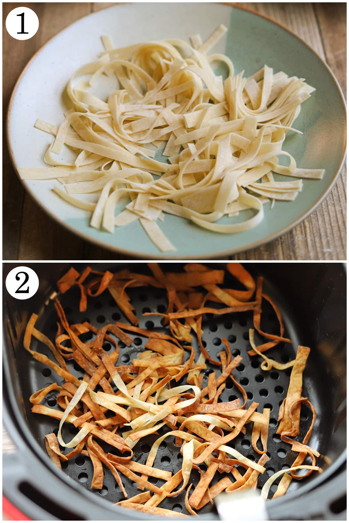 2-panel collage showing how to cut wonton wraps into strips, and then air fry until crispy.
