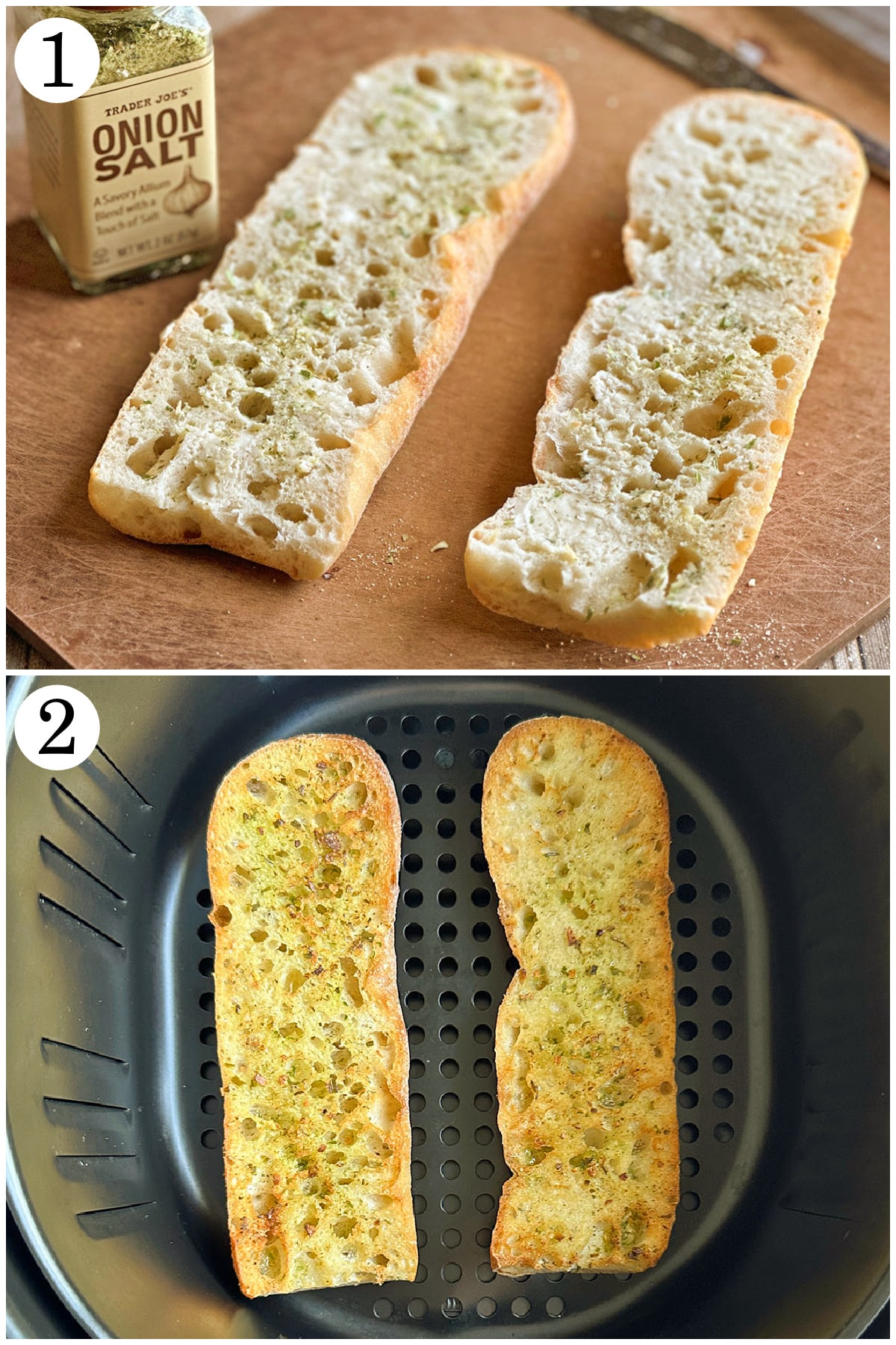 Two panel collage showing how to air fry garlic bread: lightly butter baguette with non-dairy butter and sprinkle of onion salt, then air fry in basket until browned and crispy.