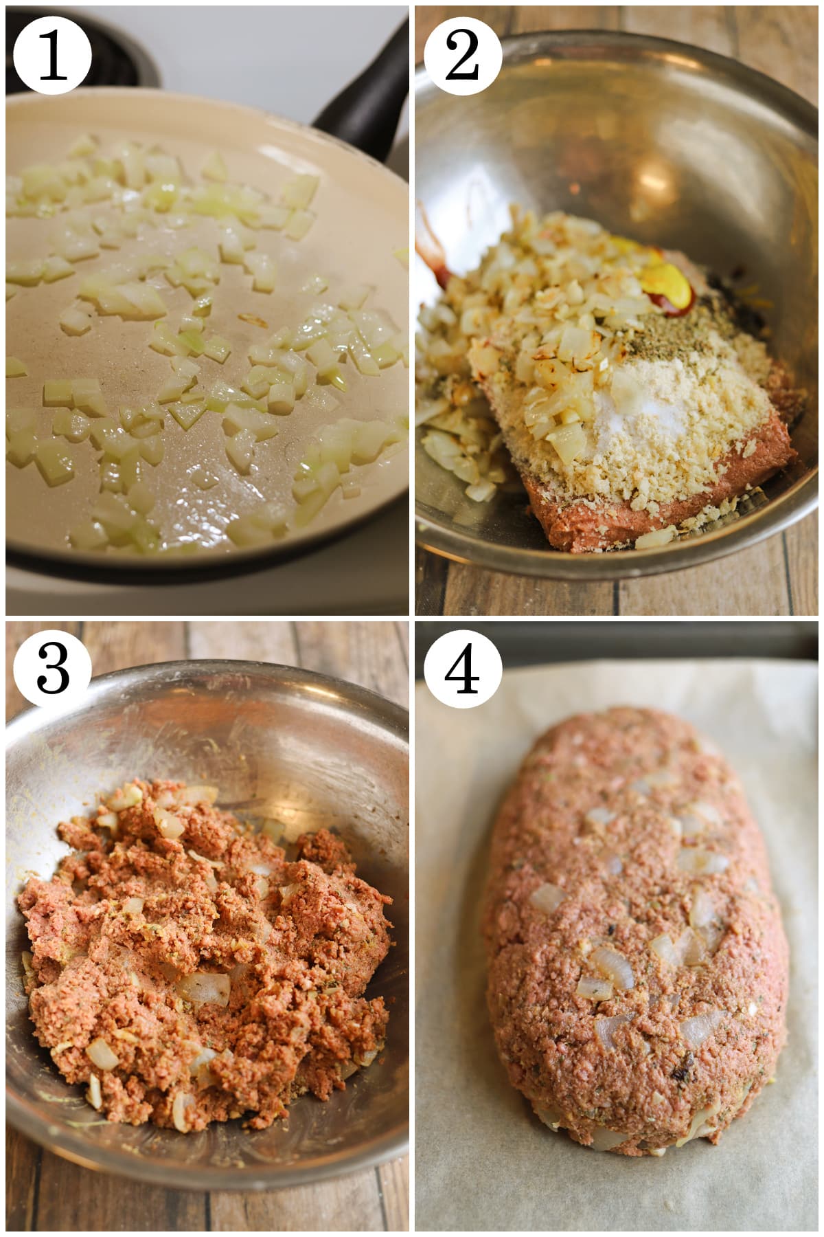 4-panel collage showing how to saute onions, add to bowl with vegan meatloaf ingredients, combine, and form into loaf on baking sheet.
