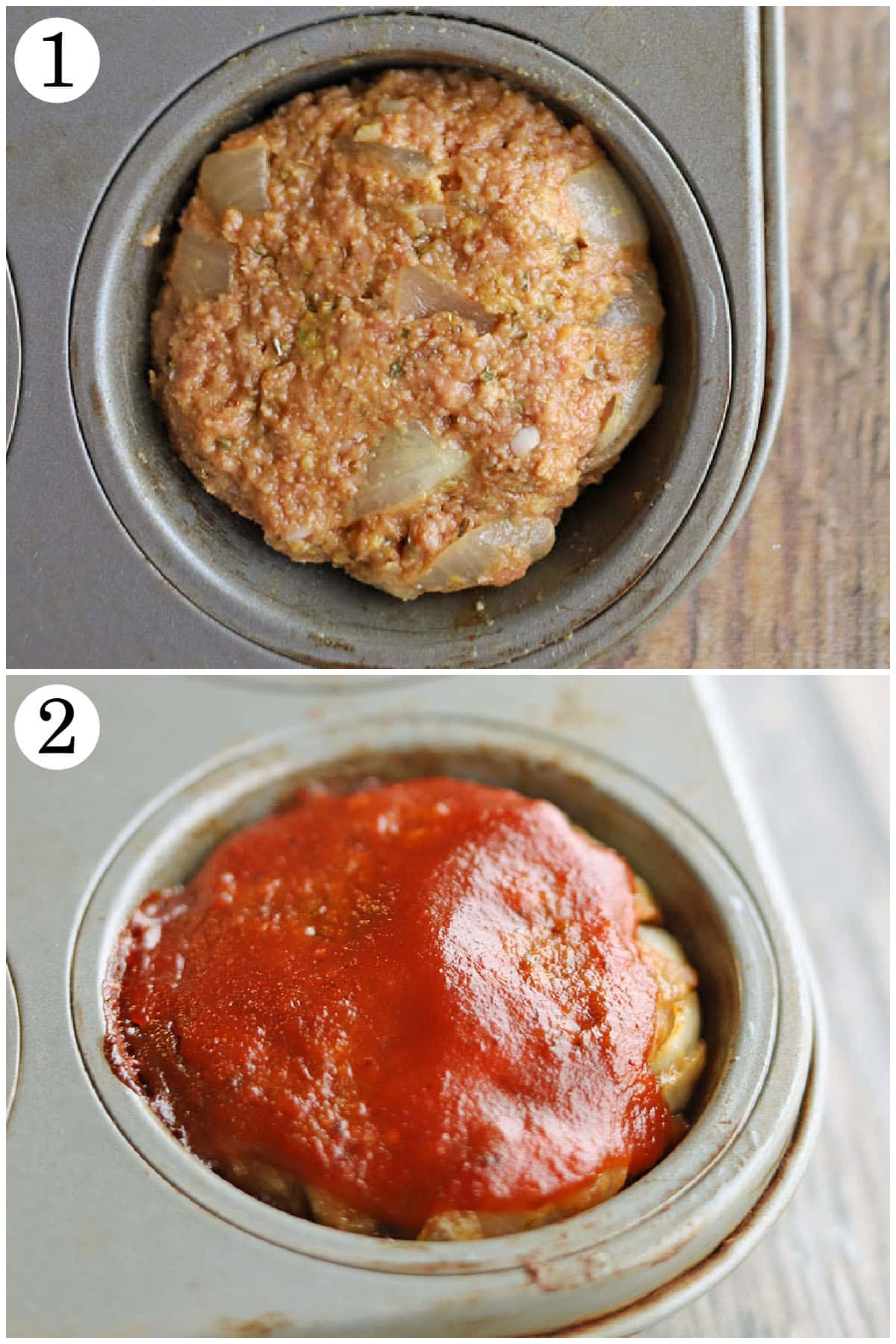 2-panel collage showing how to put vegan meatloaf mixture into muffin tin, bake, and glaze.