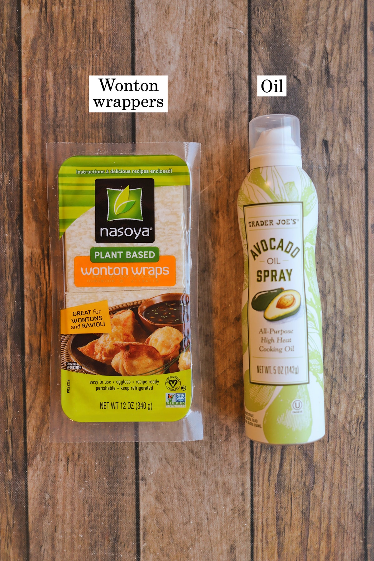 Labeled ingredients for air fryer wonton strips.