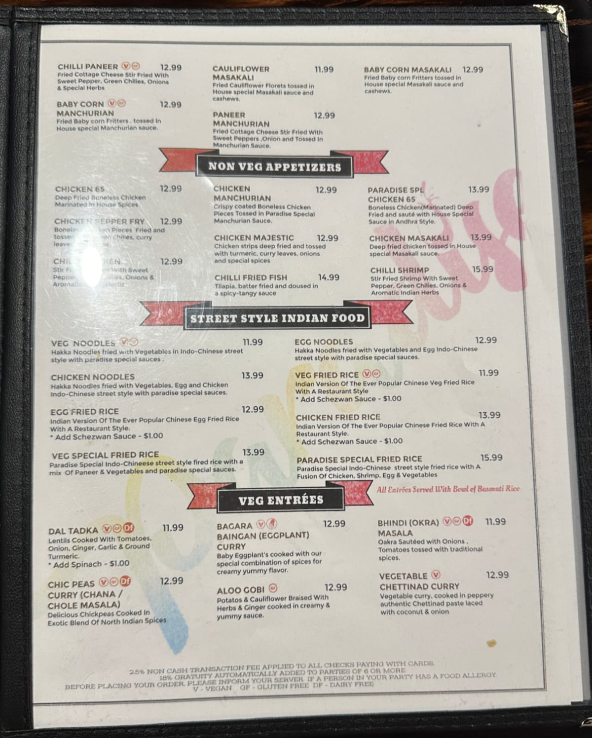 Paradise Indian grill menu with non veg appetizers, street style Indian food, and veg entrees.