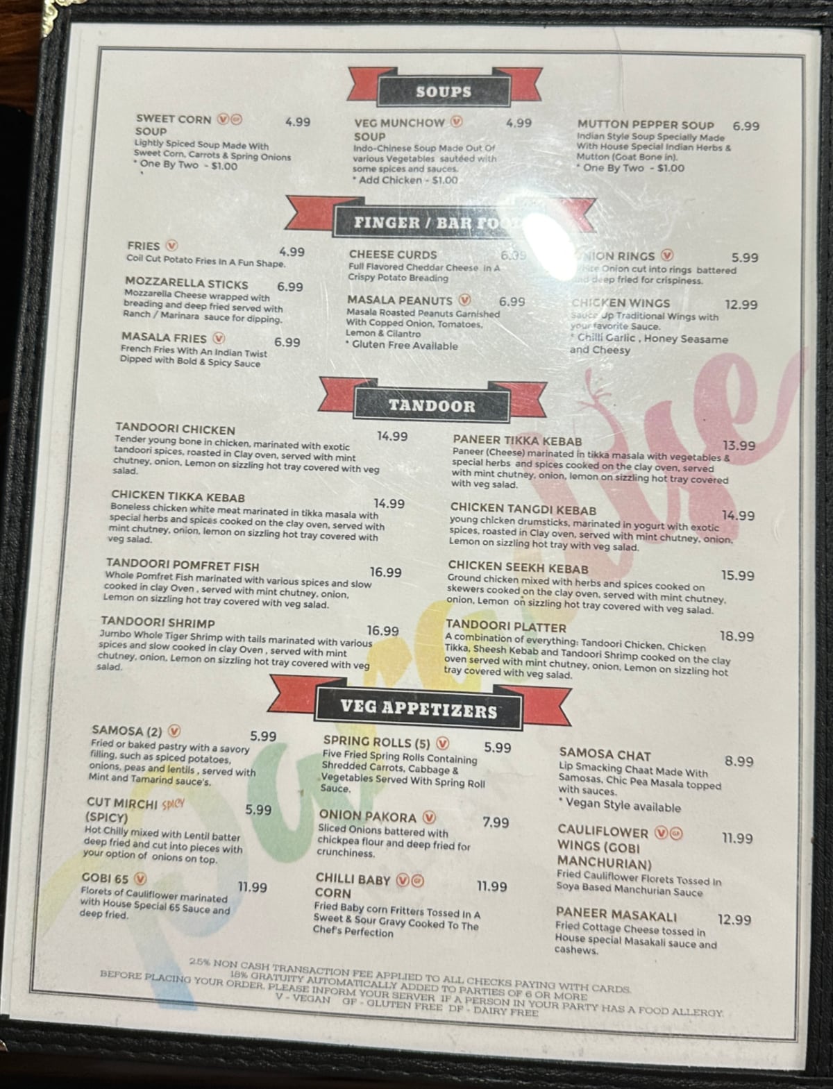 Paradise Indian Grill appetizers with soups, finger/bar food, tandoor, and veg appetizers.