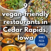 Text overlay: 9 vegan-friendly restaurants in Cedar Rapids, Iowa. Bowls, pizza, curries. 4-panel collage with chana masala bowl, vegan cheeseburger pizza, aloo gobi, and vegan tempeh reuben sandwich.