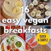 Text overlay: 16 easy vegan breakfasts, quick and simple. 4-panel collage with quick vegan breakfast ideas: smoothies, cereal, quesadillas, and peanut butter toast.