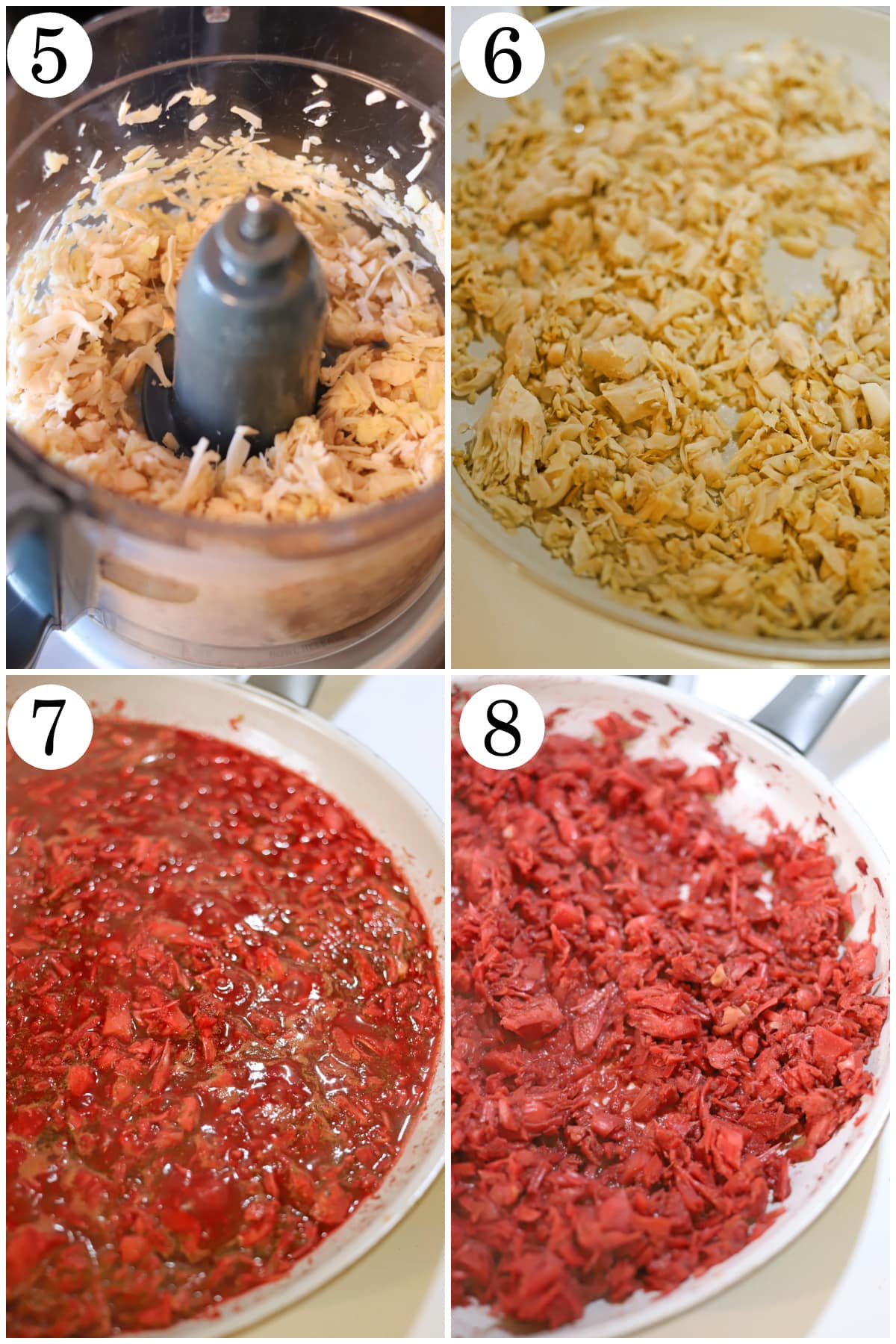 4-panel collage showing how to break up jackfruit in a food processor, brown in a skillet, add corned beef marinade, and absorb into jackfruit.