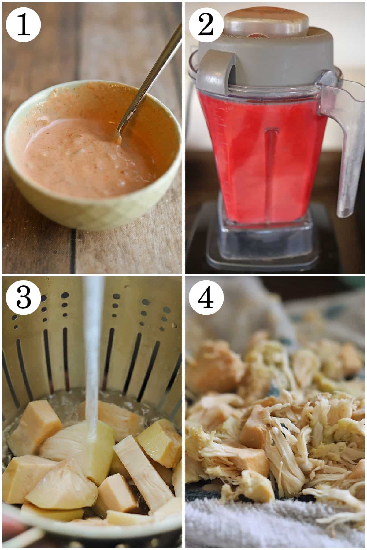 4-panel collage showing how to make vegan Thousand Island dressing, blend beet reuben brine, rinse canned jackfruit, and squeeze dry in a towel.