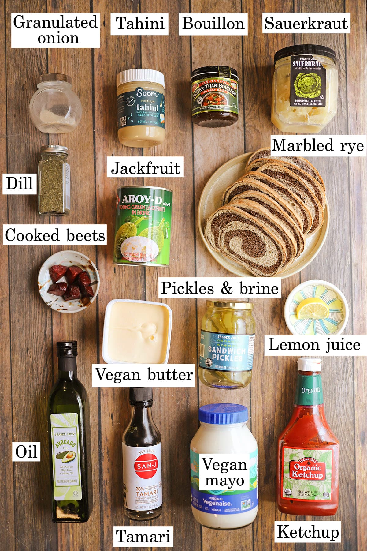 Labeled ingredients for jackfruit corned beef reuben.