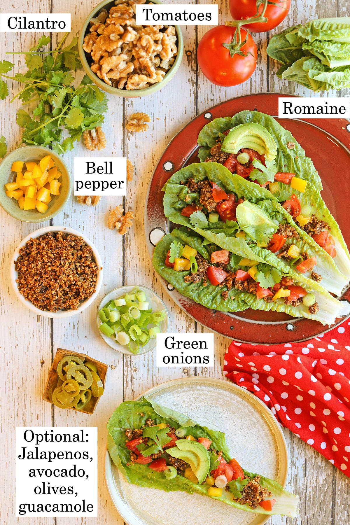 Labeled ingredients for vegan raw taco toppings.