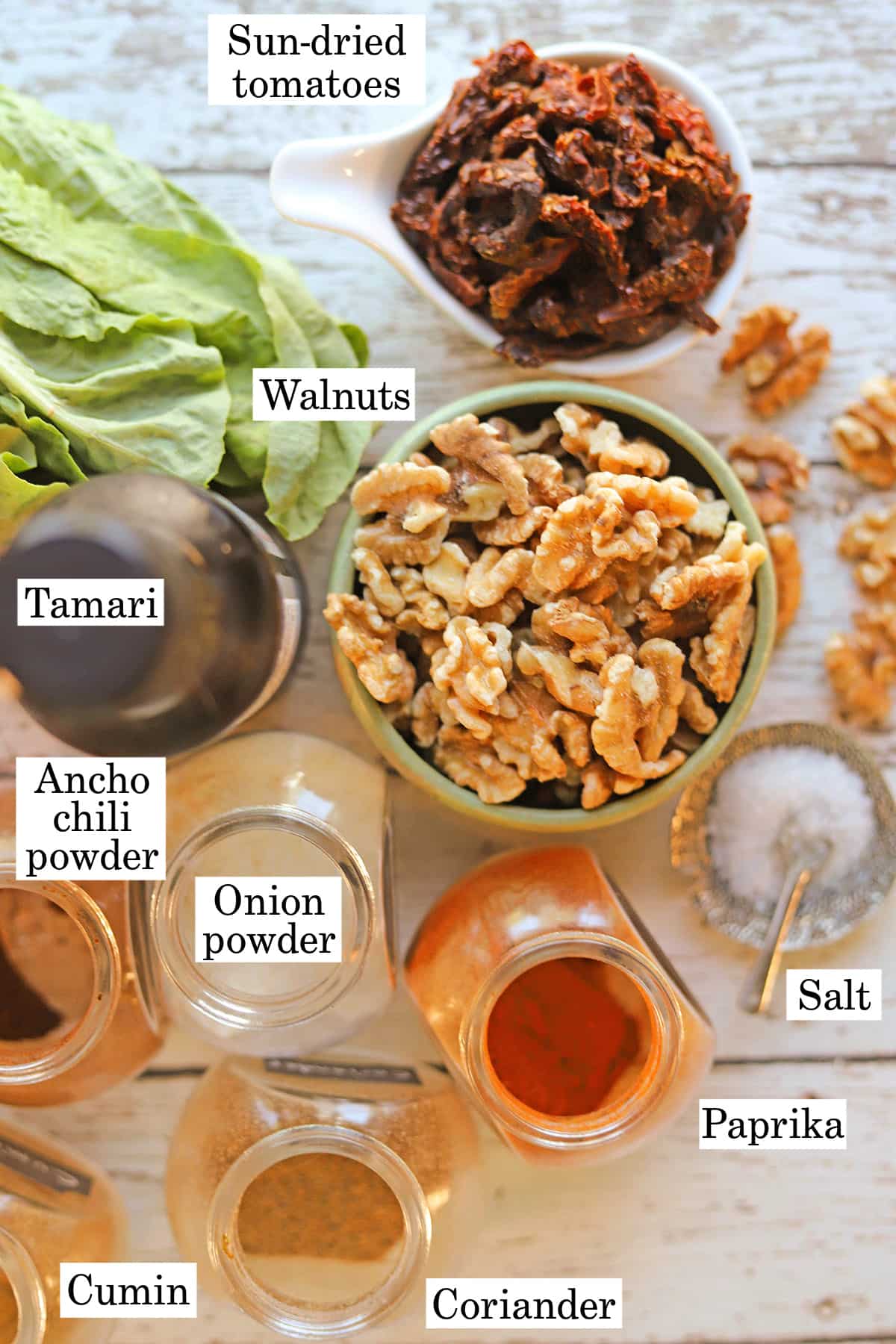 Labeled ingredients for walnut taco filling.