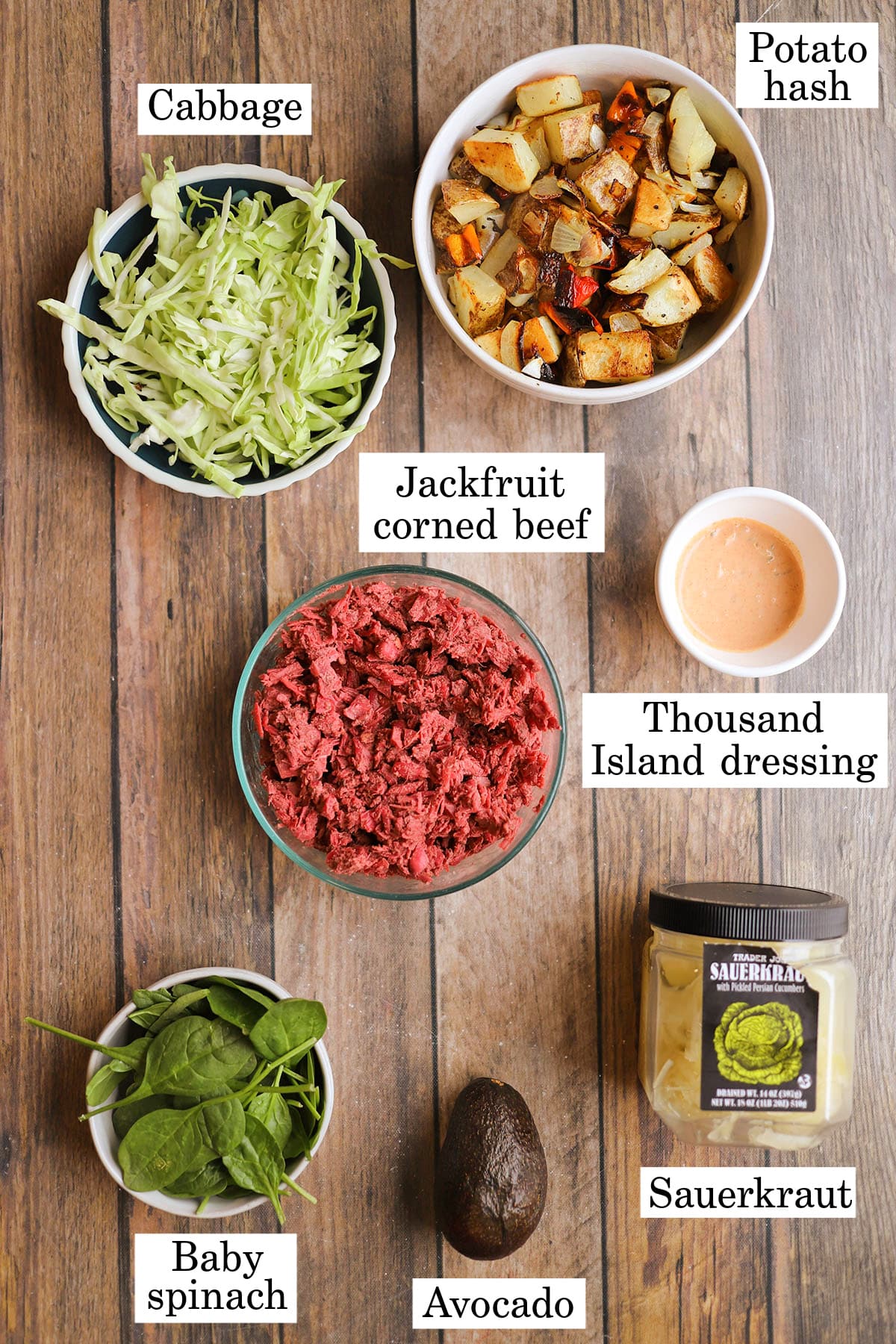 Labeled ingredients for vegan reuben bowl.