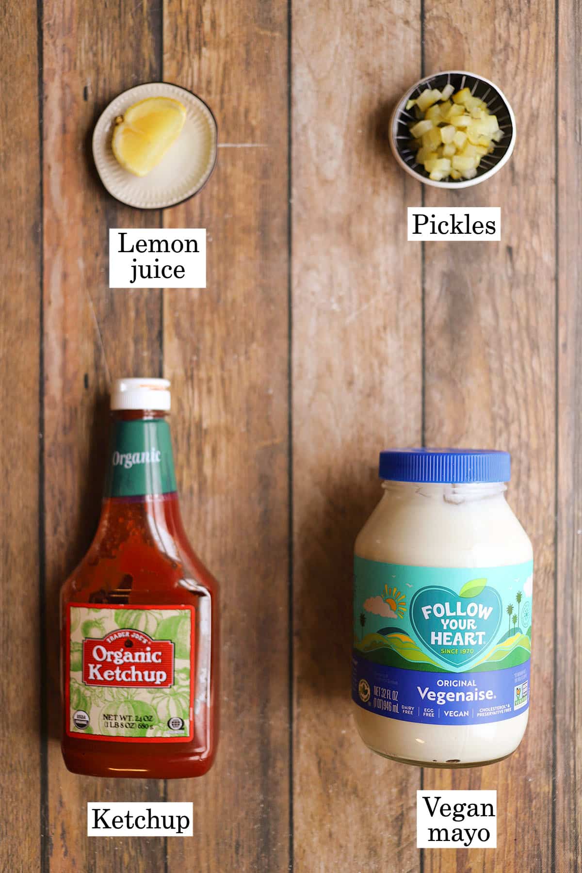 Labeled ingredients for vegan Thousand Island dressing.