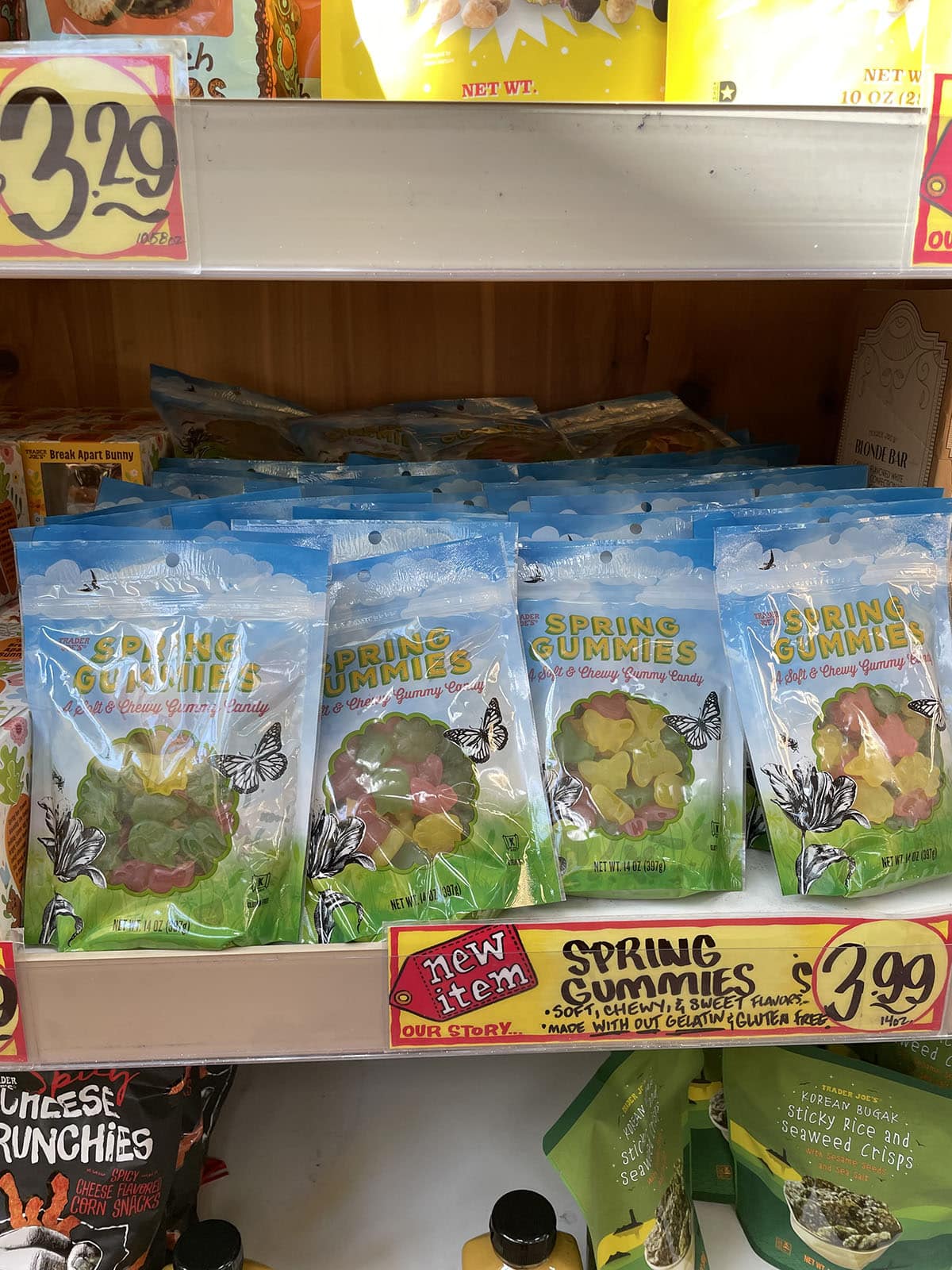 Spring gummies on display at Trader Joe's for $3.99.