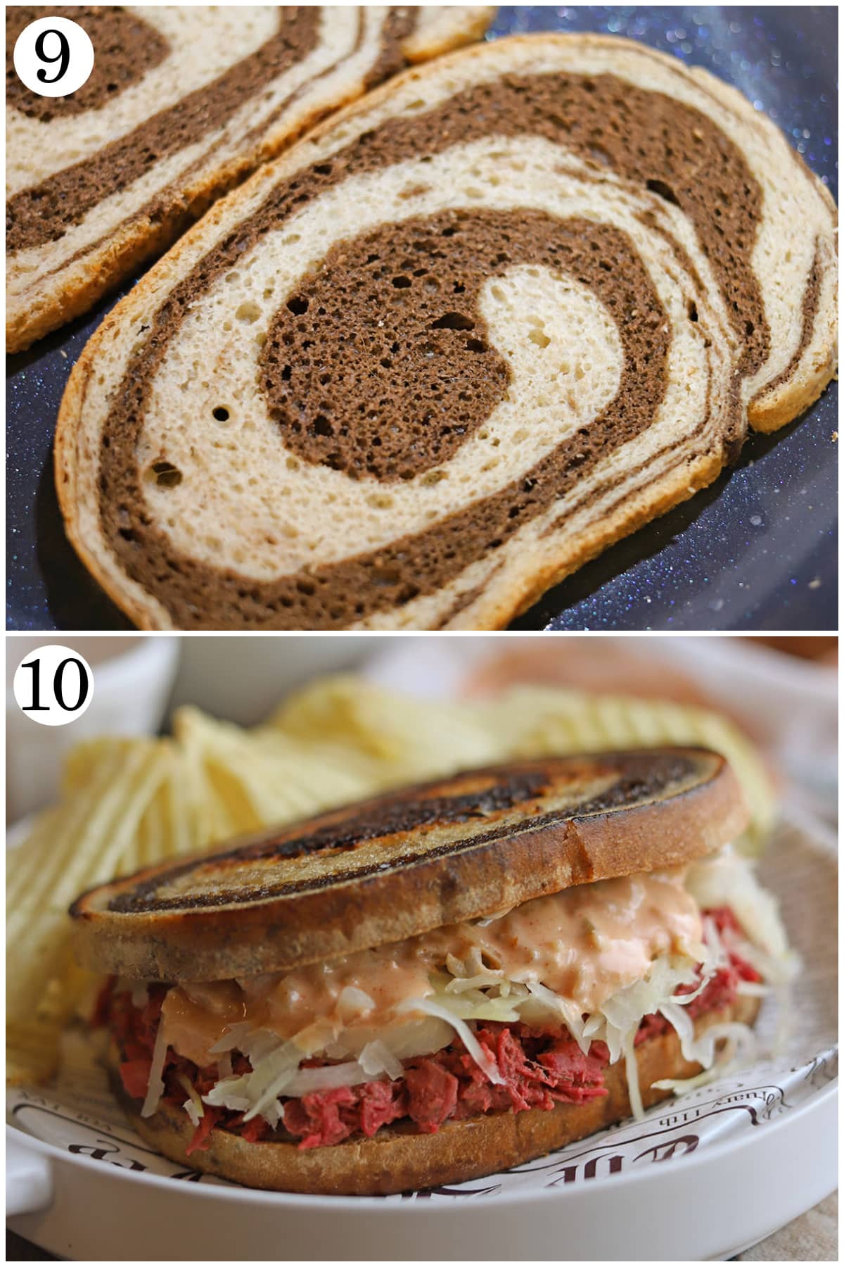 2-panel collage showing how to toast marbled rye in skillet, and compile jackfruit corned beef reuben sandwich.