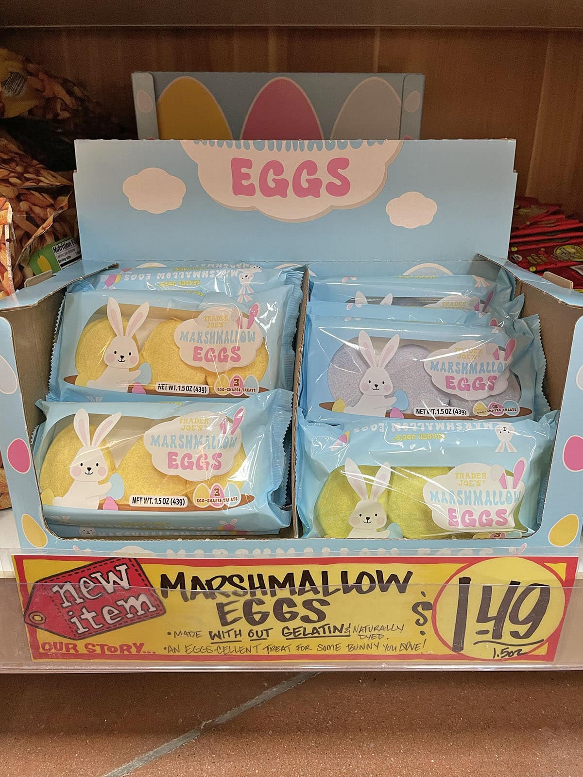 Vegan marshmallow eggs on display at Trader Joe's.