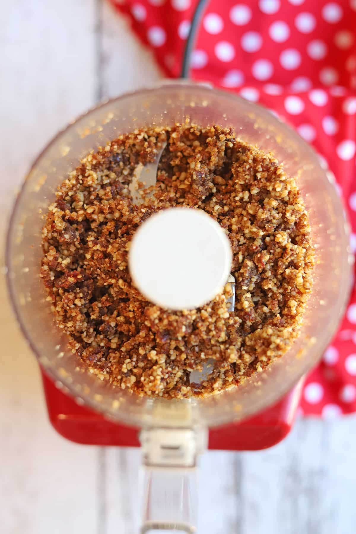 Blended vegan walnut taco meat in food processor.