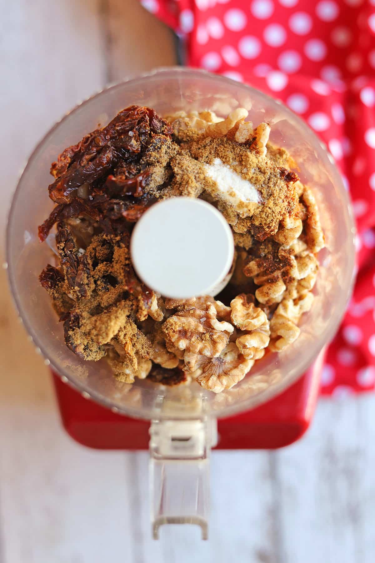 Raw walnut taco ingredients in food processor.