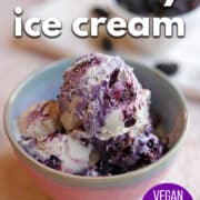 Text overlay: Mulberry ice cream, vegan cashew based, cadryskitchen.com. Bowl of vanilla ice cream dotted with mulberry compote.