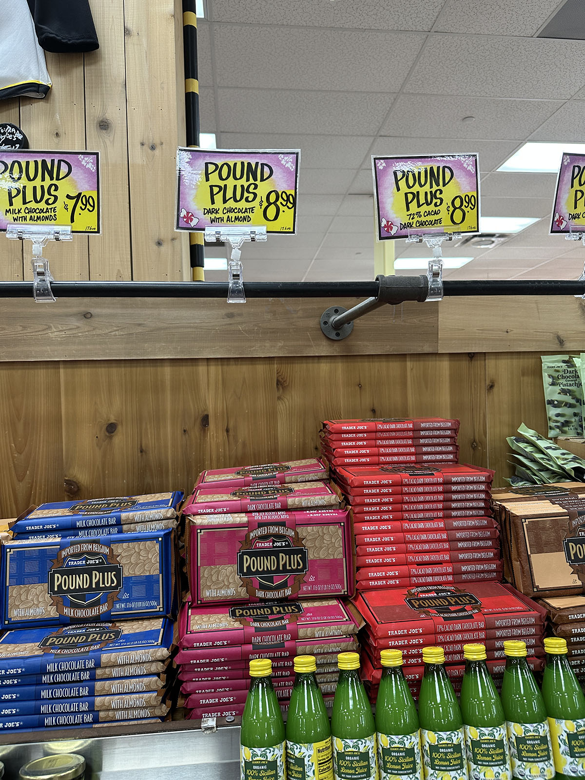 Pound Plus dark chocolate bars on display at Trader Joe's for $8.99.