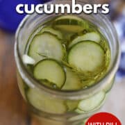 Text overlay: Quick pickled cucumbers with dill and garlic, cadryskitchen.com. Jar of refrigerator pickles with fresh dill and garlic.