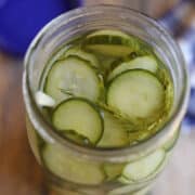 Quick pickled cucumber slices in jar with fresh dill and thinly sliced garlic.