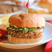 Vegan lentil burger topped with kale, onion, and pizza sauce.