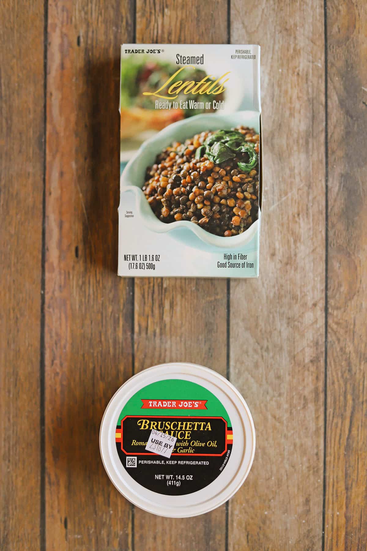 Package of Trader Joe's steamed lentils and bruschetta sauce.