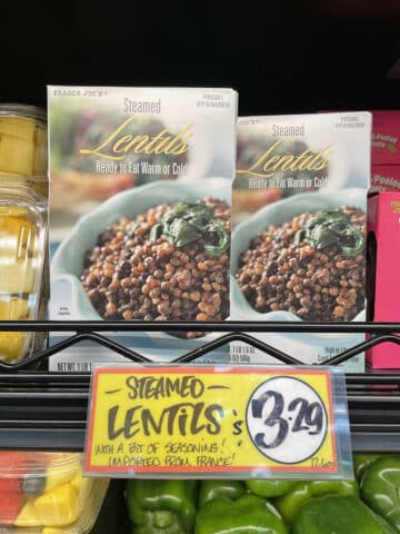 Steamed lentils for $3.29 on shelf at Trader Joe's.