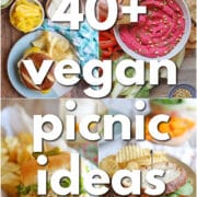 Text overlay: 40+ vegan picnic ideas. 4-panel collage with bagel sandwiches, beet hummus, vegan chicken salad sandwich, and veggie sandwich with chips.